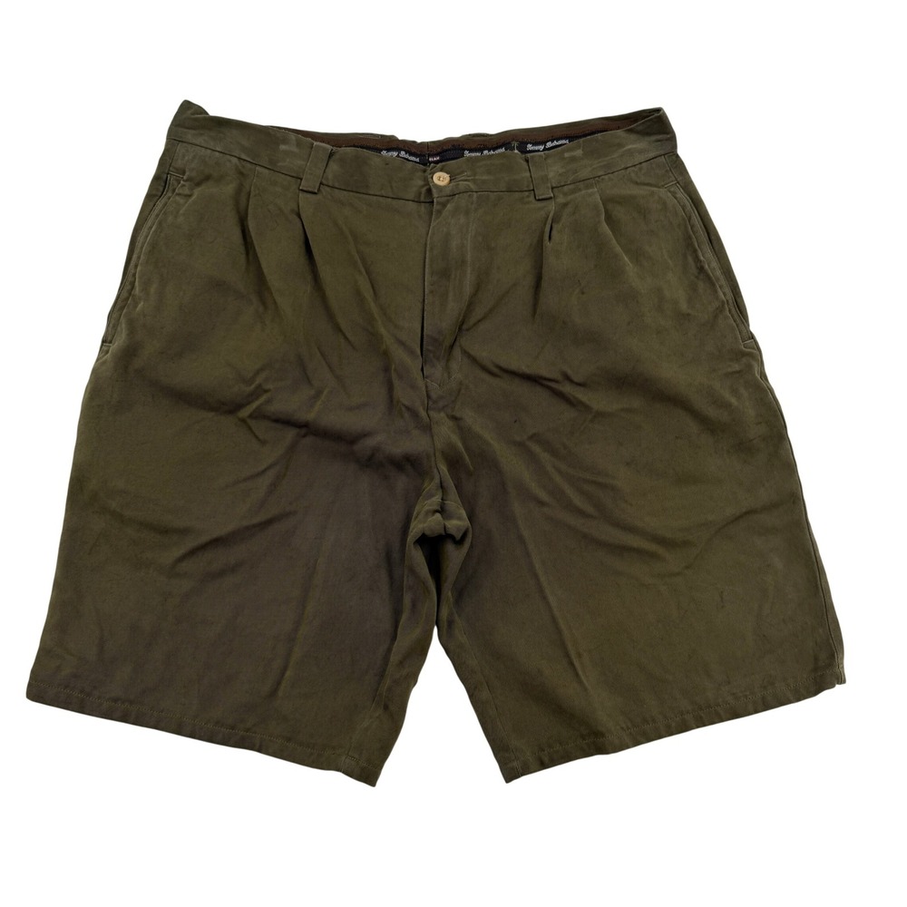 Tommy Bahama Relax Mens 36 Olive Green 100% Silk Pleated Twill Shorts Altered